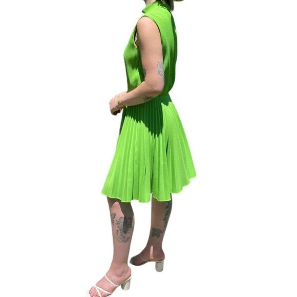 Vintage 1960s Womens Burt Stanley Lime Green Pleated Retro Mid Mod Mini Dress - Picture 5 of 13